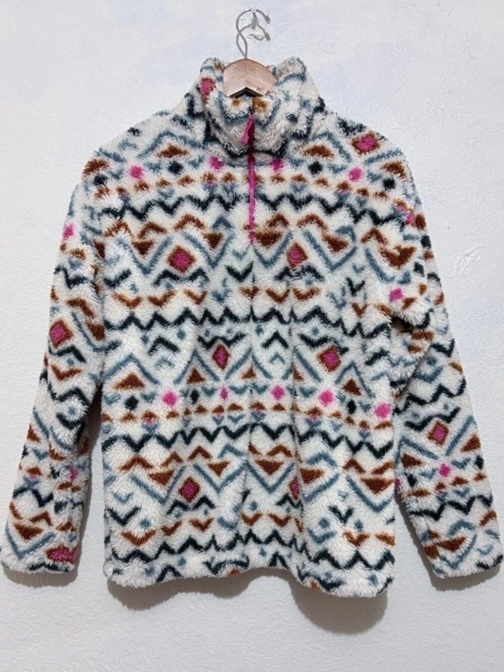 Eddie Bauer Womens Ultra Soft Plush 1/4 Zip Sweater Vanilla Aztec Pattern Sz M